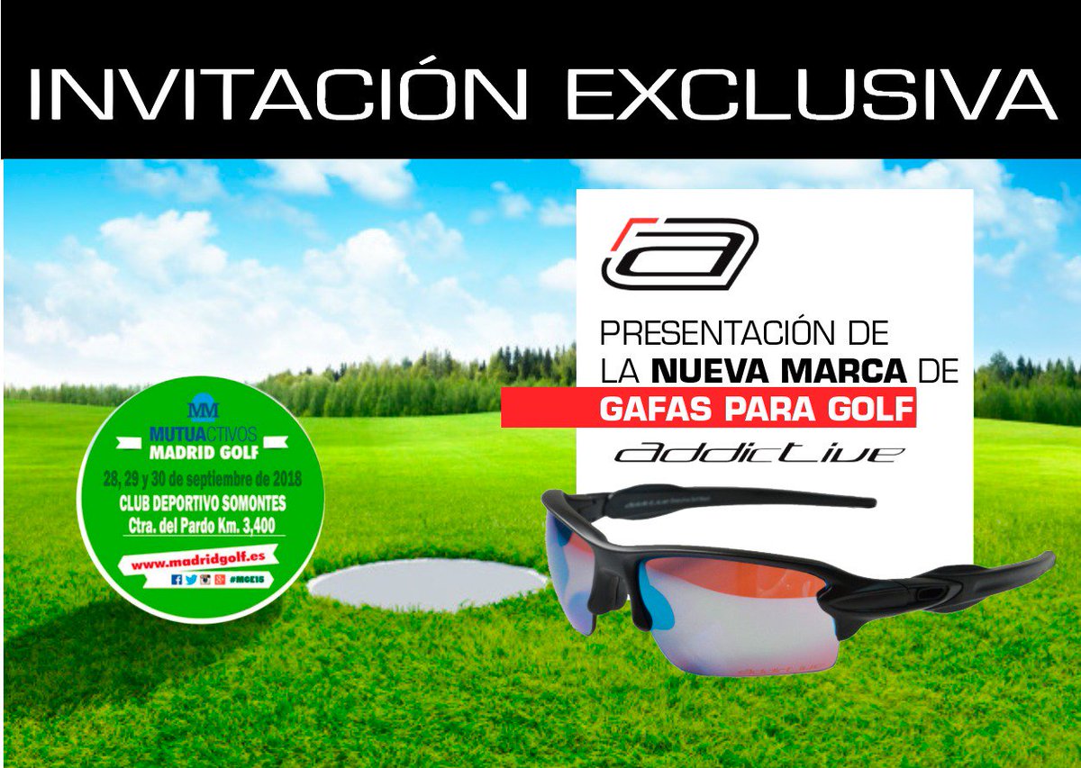 Tengolf's tweet photo. #ExecutiveGolf, presente en la feria @MadridGolf2018 a través de sus 👓 gafas #Addictive. Este modelo, especialmente concebido para la práctica del #golf🏌️‍♀️🏌️‍♂️durante los días soleados 🌞 está disponible en el stand de @visioramasport 👉https://t.co/iJ52P7XnBF https://t.co/VWascOMJ5w