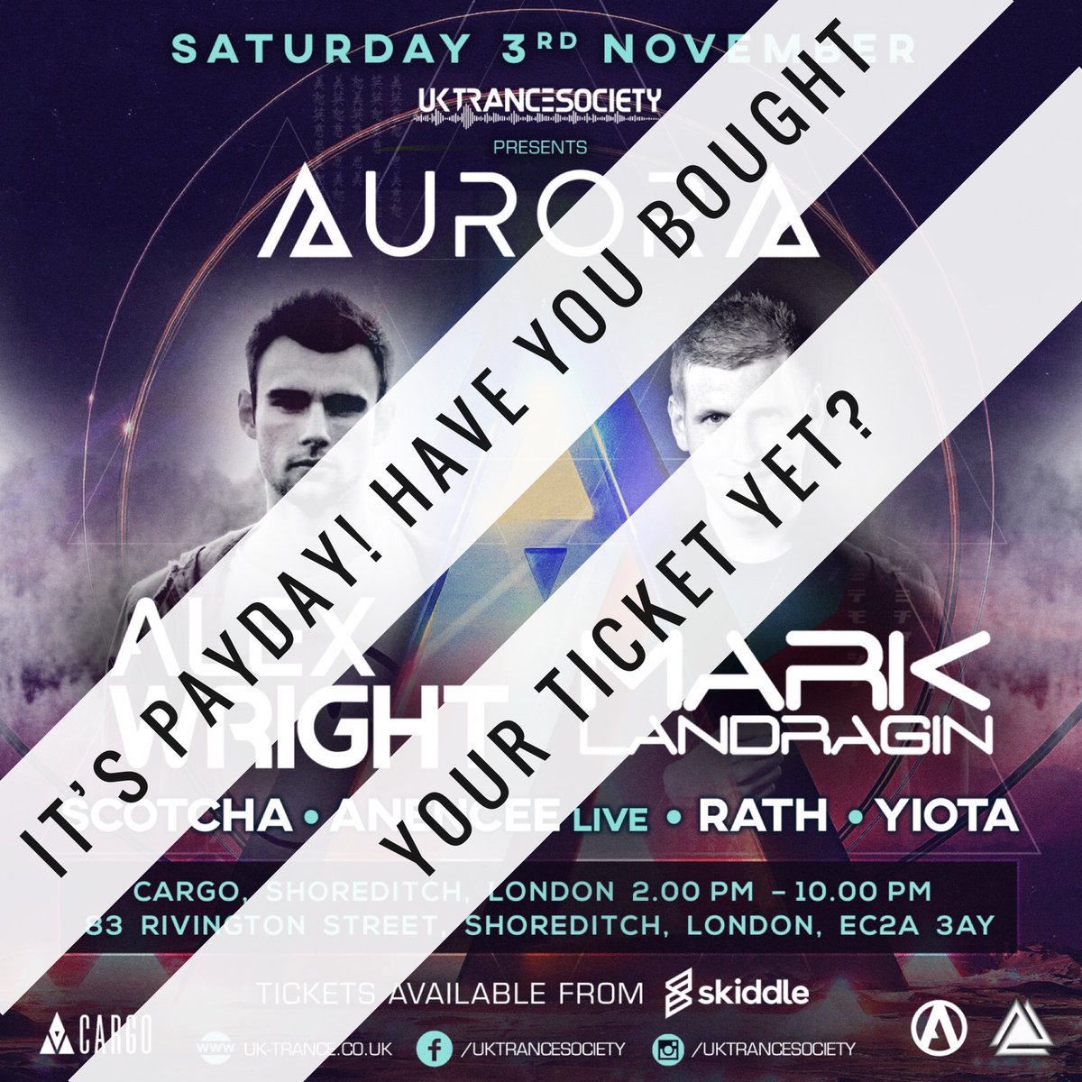 uktrancesociety's tweet photo. Payday has arrived! Please note Super Early Birds and Early Birds (Before 5.00pm) are both SOLD OUT!! 

Tickets - https://t.co/HczwoIxDn4

#Trance #UKTranceSociety #UKTS #AlexWright #MarkLandragin #Scotcha #Rath #Yiota #Anencee #LondonTrance #LondonTranceFamily https://t.co/F9kNifKGu5