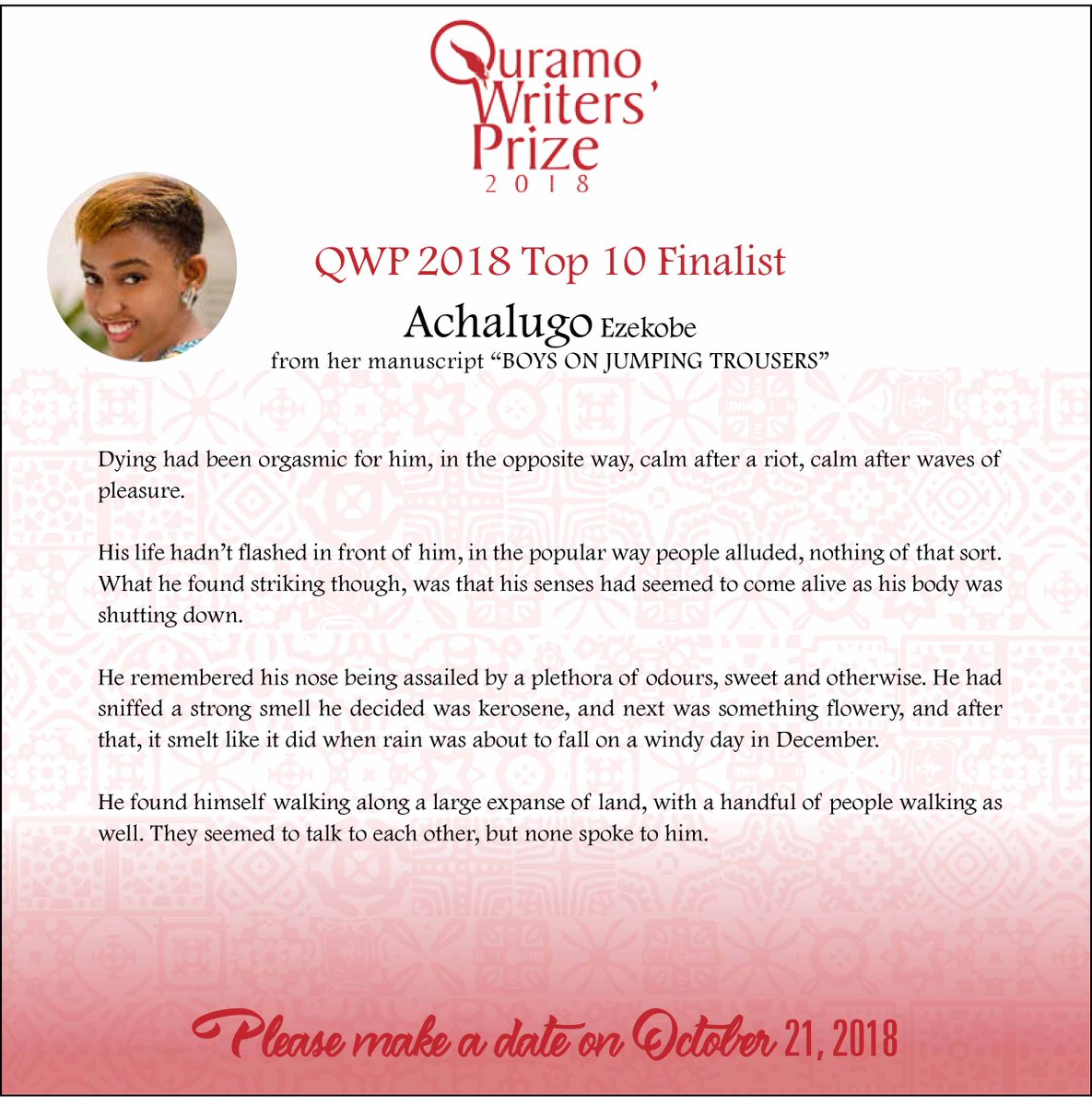 quramoofficial's tweet photo. Our first excerpt is from the story "Boys On Jumping Trousers" by Achalugo Ezekobe. Her story explores grief, death and friendship.
.
Follow us for more.
.
#quramowritersprize #qwp2018 #qwp #writersprize #africanwriters #writers #writing #prize #top10 https://t.co/95wR5mcVUM