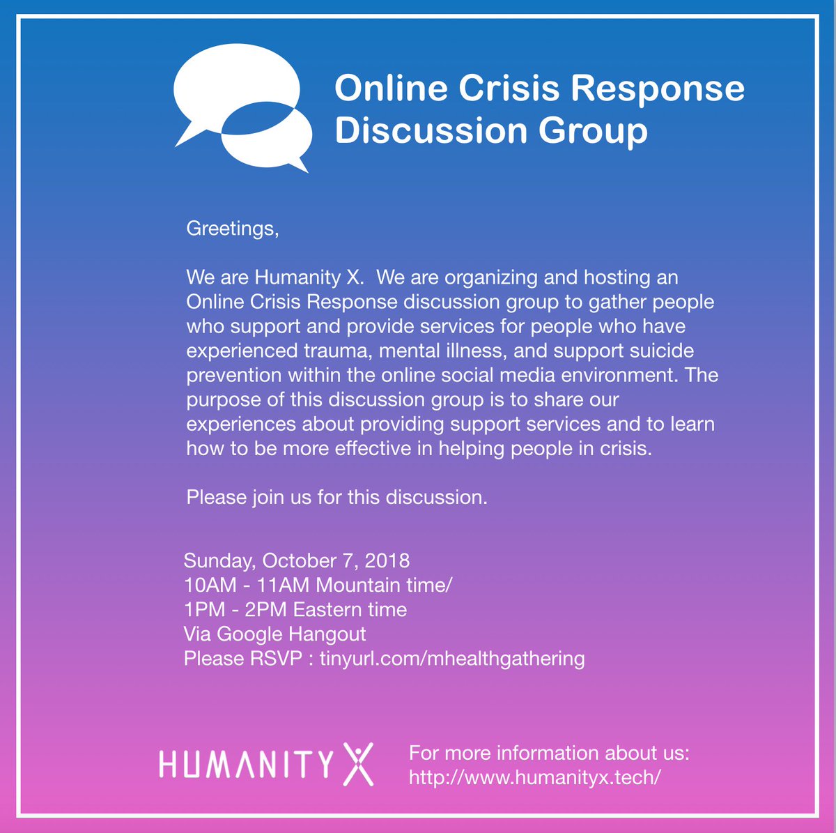 ARKHumanity's tweet photo. @BeAVoiceForThem We are organizing and hosting an Online Crisis Response discussion group to gather people who support and provide mental health services online. Please join us :  https://t.co/FeoBFIIqFJ …
#mentalhealth  #SuicidePrevention #gathering https://t.co/w8smTcNwRe
