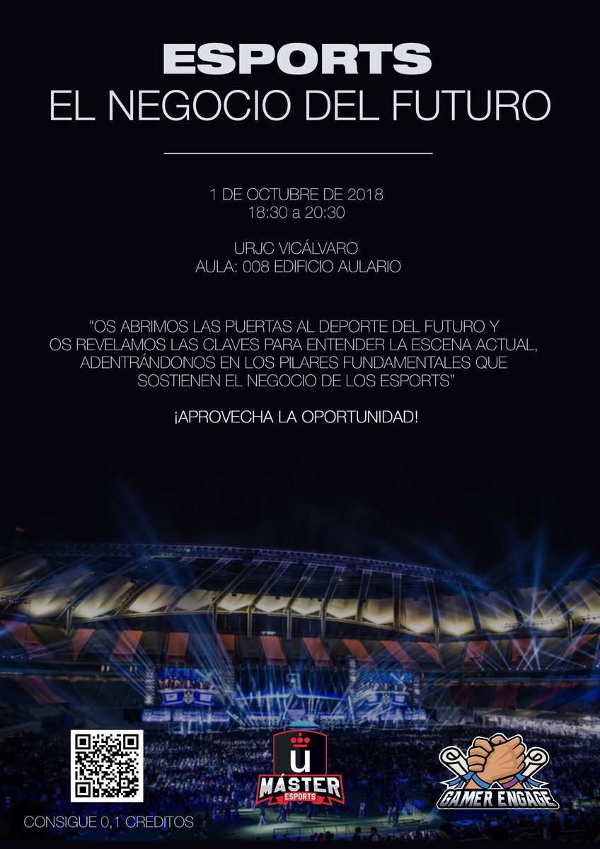 ¿Quieres adentrarte en el mundo de los eSports?
Te damos las claves para conocer los pilares básicos que sustentan este gran negocio. 
Consigue aquí tu entrada gratuita: eventbrite.es/e/entradas-esp…
Compañeros de <a href="/etsii_urjc/">ETSII-URJC</a> y <a href="/ESCET_URJC/">ESCET (URJC)</a> quizá os interese!