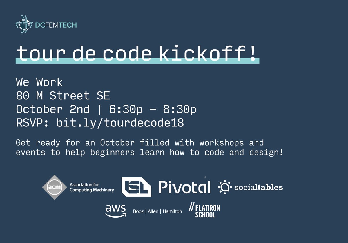 📣 Have you signed up for our #TourDeCode kickoff on Tuesday?

RSVP now! 🎫 eventbrite.com/e/dcfemtech-to…

Shoutout to our amazing gold sponsors: <a href="/DCACM/">Dcac Muka</a>, @istrategylabs, <a href="/pivotal/">Pivotal software</a>, <a href="/socialtables/">Social Tables</a> and our annual sponsors: <a href="/awscloud/">Amazon Web Services</a>, <a href="/BoozAllen/">Booz Allen Hamilton</a> <a href="/FlatironDC/">Flatiron School DC</a>!