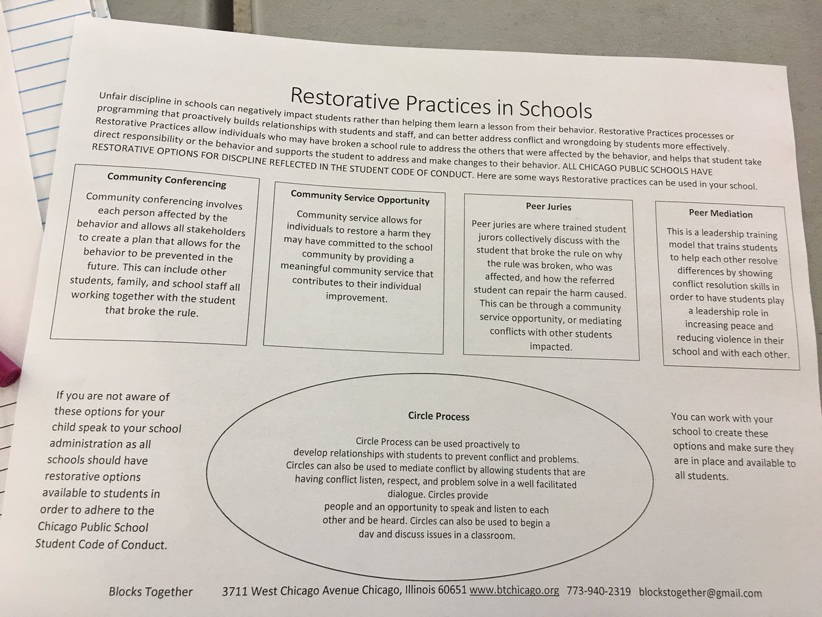 ILRaiseYourHand's tweet photo. Great resource from @BlocksTogether1 shared with us: Restorative Practices in Schools. #LSCPower #ChiTrustActingUp #OnTheTable2018 https://t.co/EDy7VAZm1D