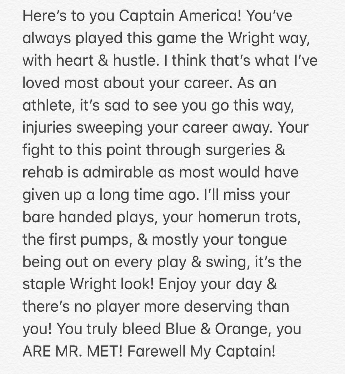 KSandberg23's tweet photo. #H5RO #RE5SPECT #CaptainAmerica #DavidWright #5 #TheCaptain #MrMet #DDub #ThankYouDavid https://t.co/dnwAryugIf