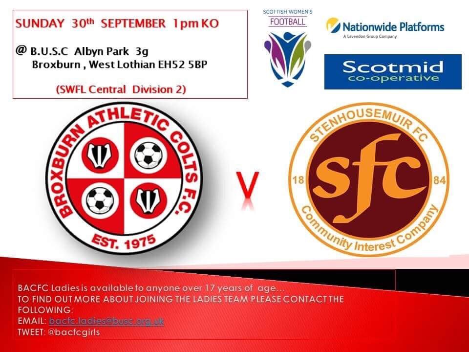 BacfcGirls's tweet image. Ladies fixture:

📅 Sunday 30th September
⚽️ @BacfcGirls v @StennyLadies 
🏆 League (#SWFL2 Central) 
🏟 Albyn Park
⌚️ 1pm