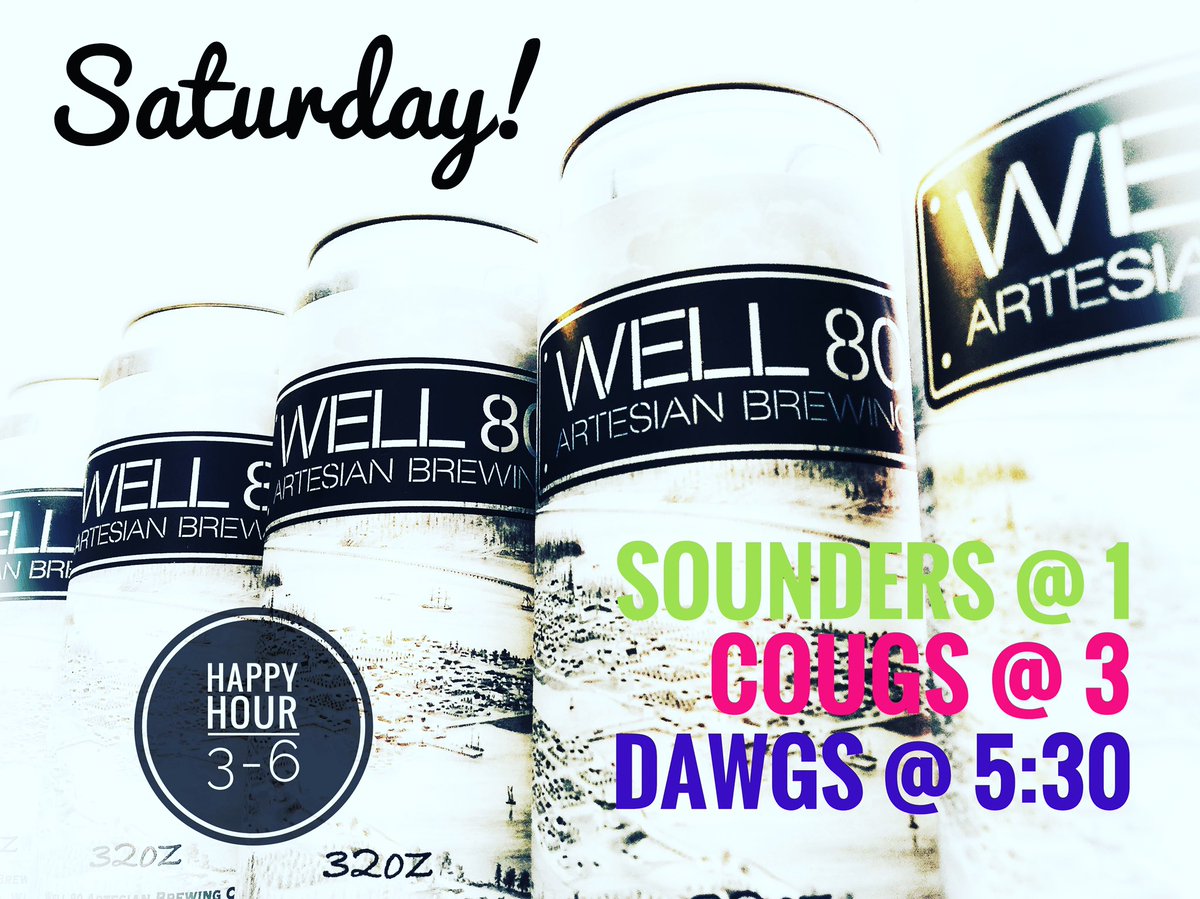 Well80Brewhouse's tweet photo. SATURDAY! ⚽️🏈🍻😁
•NEW Happy Hour 3-6 &amp; 9-close.
•25% off Pretzels All Day!
•Return of Original ‘64?!?!
#wellmadebeer .
.
.
.
#pnwbeer #well80 #wabeer #southsoundmade https://t.co/jWbUKte1WE