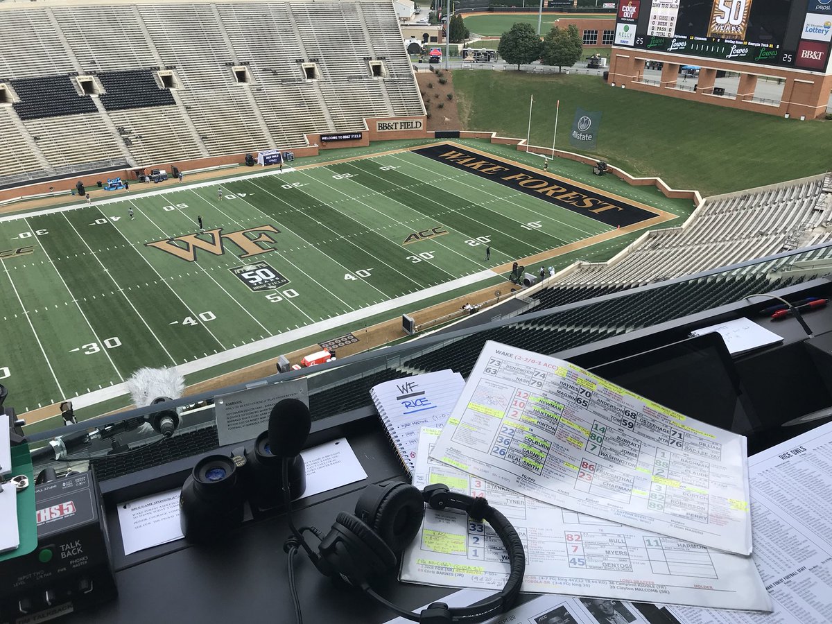 StanCottenWF's tweet photo. Today’s perch at #bbtfield for @WakeFB @RiceFootball. On the air 2:30 ET...
#godeacs https://t.co/Q4bm5xGNte