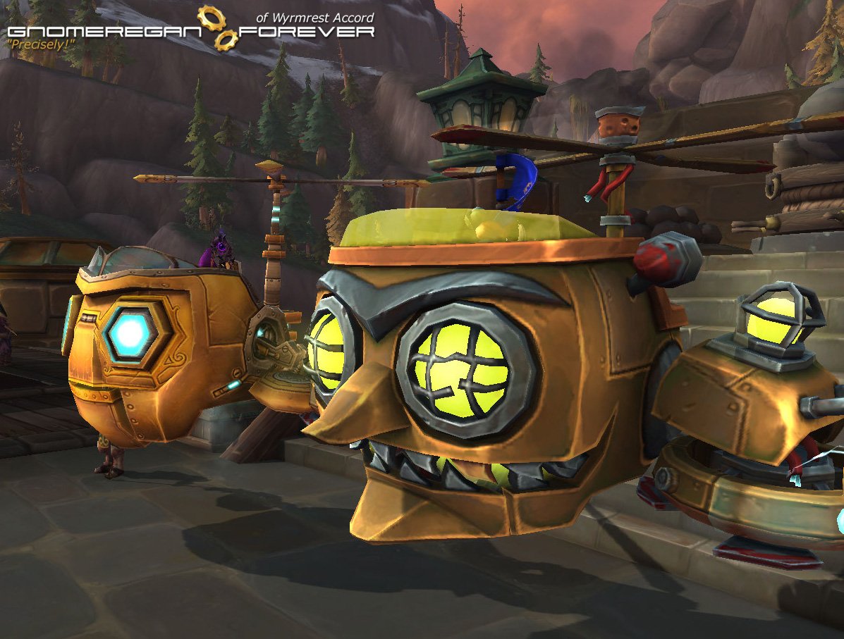 Gnomeregan4ever's tweet photo. Grats to Ragebomb who became the first last week in our guild full of Gnome engineers to build this, er...Goblin themed...uh, mode of transportation. #Warcraft #GnomePowah https://t.co/nSHDFXMj6h