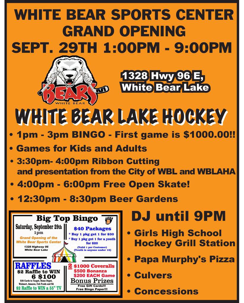 wblhockey's tweet photo. Head out to the NEW White Bear Lake Sports Center for its Grand Re-Opening this afternoon. Bingo, food, beer garden, games for both kids and adults, FREE skating and a DJ!! Ribbon ✂️🎀 cutting at 3:30 p.m. https://t.co/7HzbT9onyV