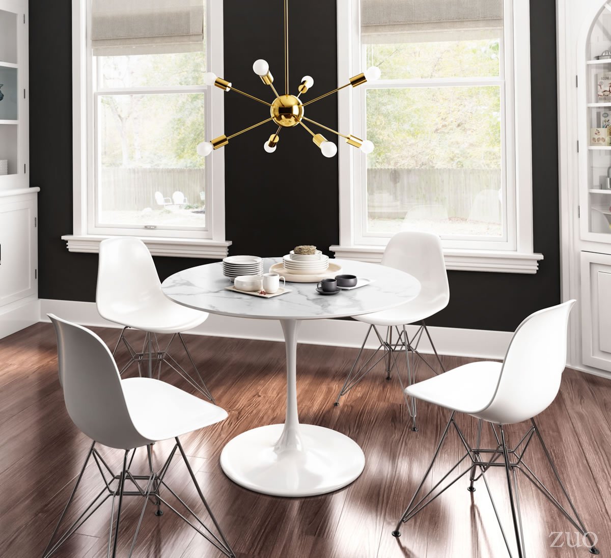 ZuoModern's tweet photo. ZUO's Dylan Dining Table is gorgeous as the smooth, durable faux marble top in white seems to float on its classic tulip style lacquered base. Also shown Zip Dining Chairs and Pilsner Ceiling Lamp. #zuomod #diningroomdecor #diningtable #diningchair #tuliptable #midcenturymodern https://t.co/zXDEA1EQa1