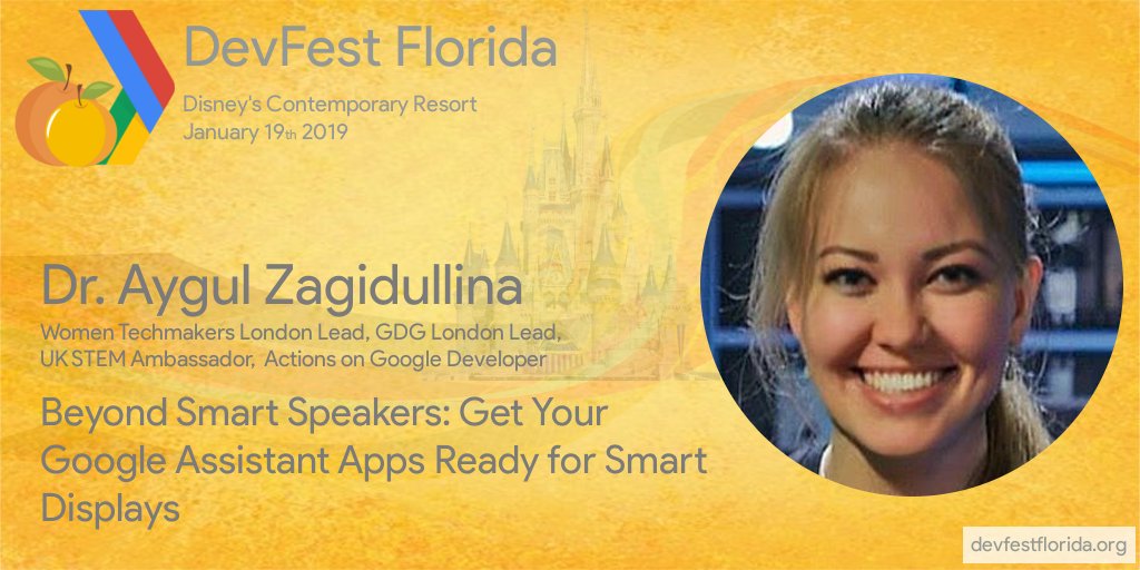 DevFestFlorida's tweet photo. Have you been interacting with your #GoogleHome app &amp; thought it would be so much sweeter with a display? @aygul takes you from zero to hero, incorporating a smart display with your @ActionsOnGoogle apps

Get your ticket now! https://t.co/P7bGC4Jvu8 https://t.co/O5Shv8Yf0l