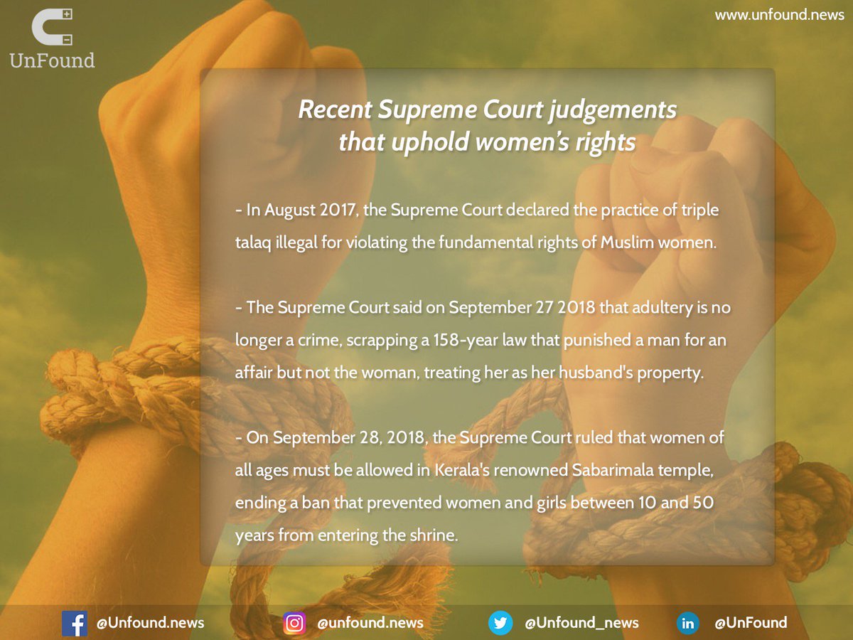 UnFound_news's tweet photo. While a series of verdicts upholding women's rights have been passed, a range of similar cases are still pending with the Supreme Court.
Visit https://t.co/DOvtNAnI7a to know more.
#UnFoundNews #GetContext #SupremeCourtofIndia #womensrights https://t.co/BM1yAd0fHB