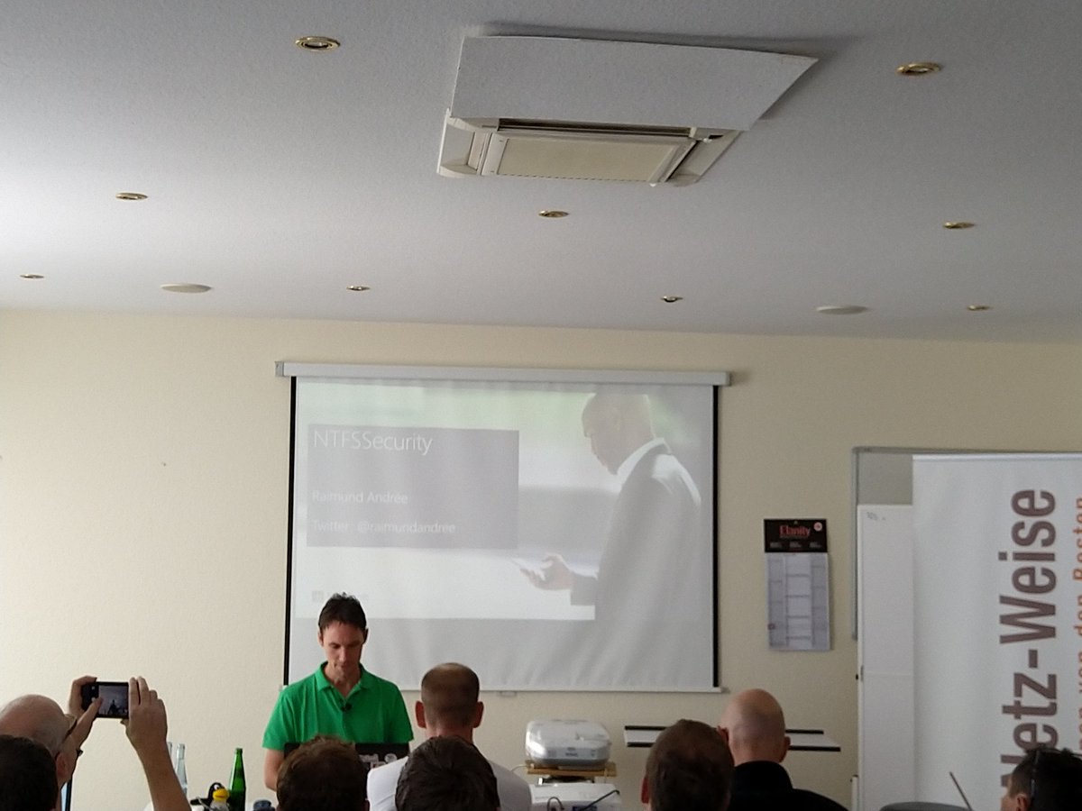aavdberg's tweet photo. Now session about #NTFSSecurity by @raimundandree at @PSUGHannover to guest at @Elanity https://t.co/mt7aAwtU6T