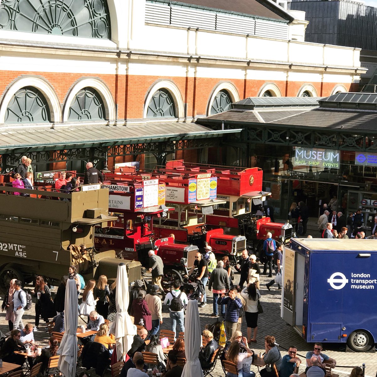 ltmuseum's tweet photo. #4buses looking resplendent in the sunshine! Thank you so much to everyone who has visited today #coventgarden #familydayout https://t.co/SSp0vtZ8xj