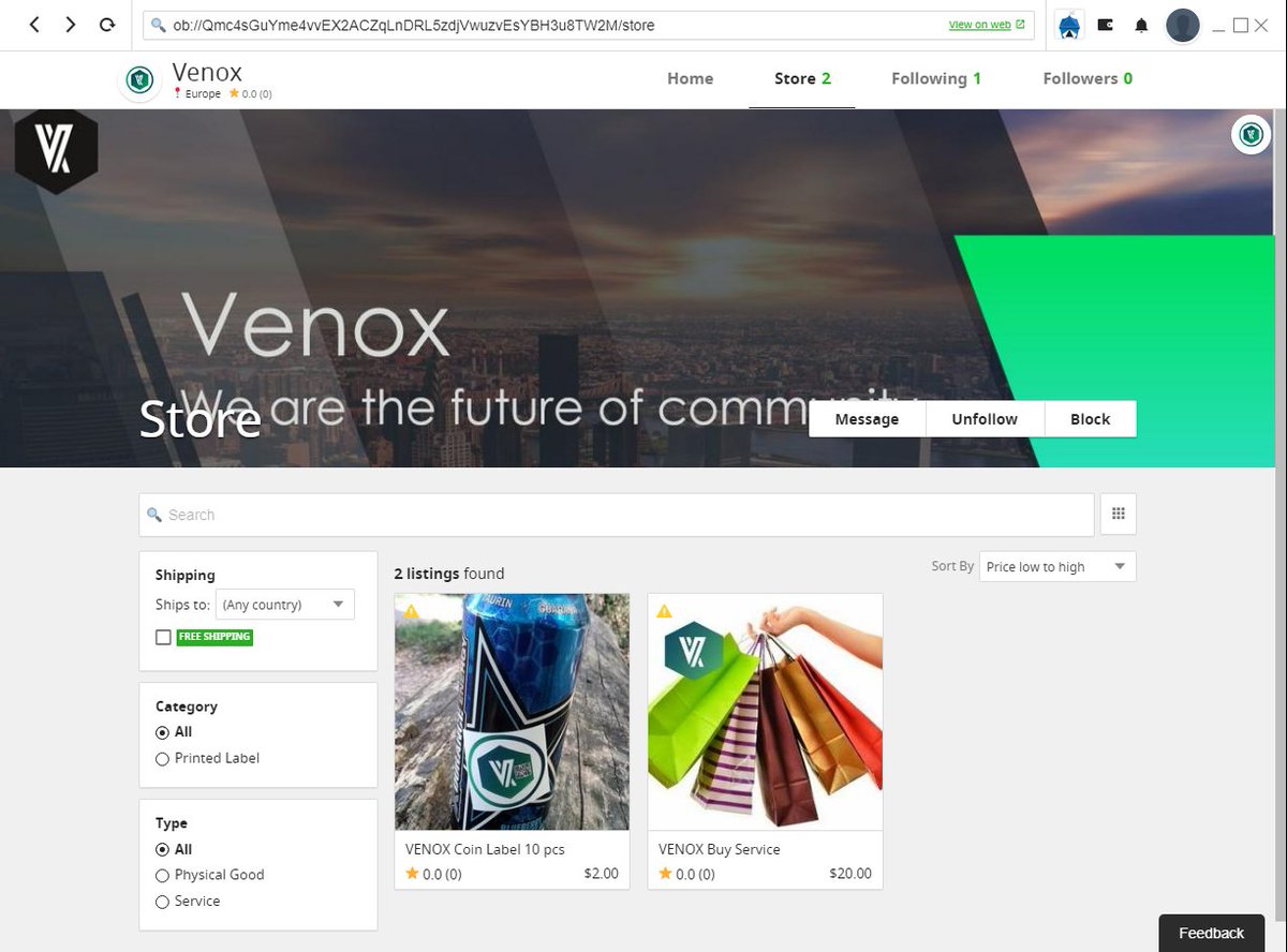 <a href="/VENOX_VNX/">BARE Coin</a> NOW also avaible on <a href="/openbazaar/">OpenBazaar</a>  😎

give us feedback what you think about it ;-)

openbazaar.com/store/home/Qmc…