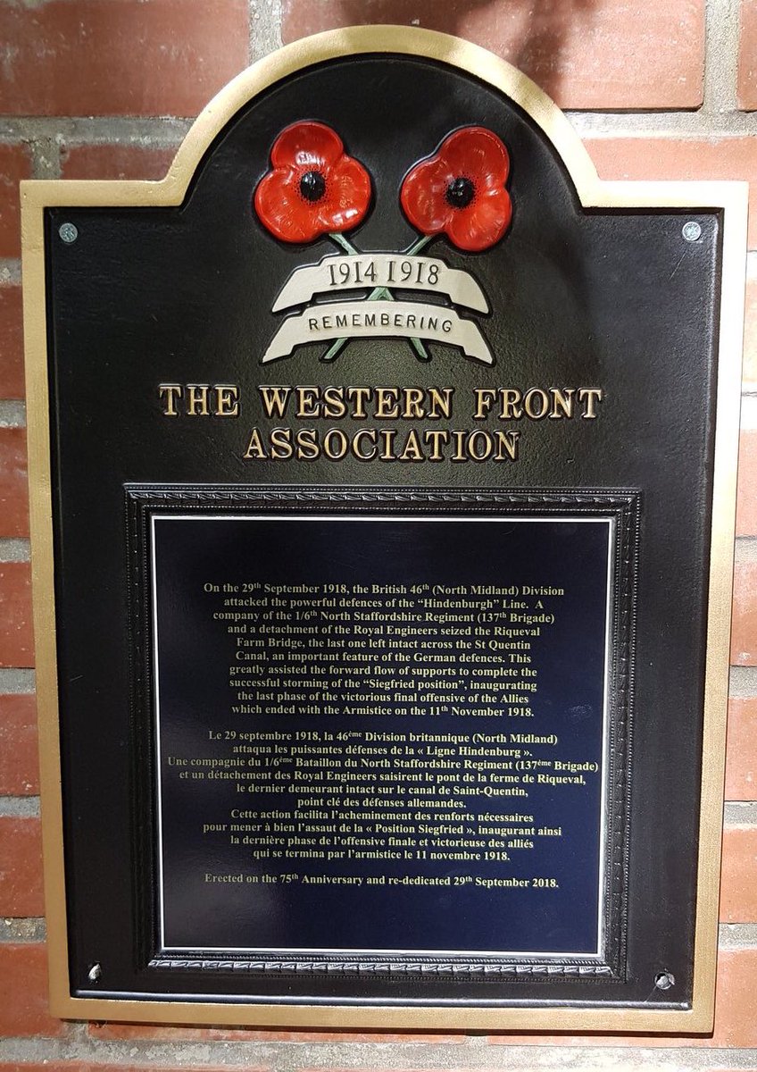 TheWFA's tweet photo. The Western Front Association are delighted to announce the re-dedication of the Association plaque at Riqueval Bridge commemorating the crossing of the St Quentin Canal, part of the fearsome Hindenburg Line, by the men of the 46th (North Midland) Division a century ago today. https://t.co/byVxXeNr7G