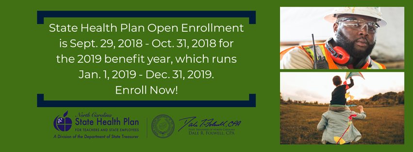 NCTreasurer's tweet photo. North Carolina State Health Plan members: enroll for your 2019 benefits today!

Open Enrollment is now through October 31, 2018. Visit https://t.co/8ycTSBBgNq to learn more. #ncpol #nchealth https://t.co/gwmkgXEhNn