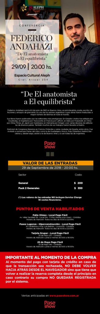 AlbertoMateu's tweet photo. Hoy a las 20:00 Hs. el escritor @andahazi se presenta en Córdoba para hablar de su obra literaria en Espacio Cultural Aleph, los esperamos. https://t.co/EgBvGK6GK1