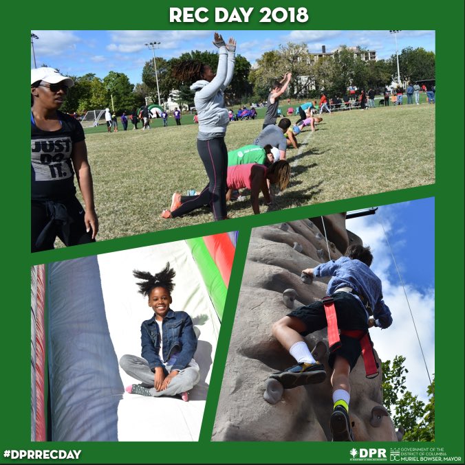 DCDPR's tweet photo. An awesome field day for this great weather today. Join us at #DPRRecDay fo Rock climbing, ziplining, bubble soccer, kid play zone, and more including #FITDC Zone! Wear some fitness gear if not wear some play gear. #Free for all and something for all ages. Randall Field SW https://t.co/ojdokyPvgy