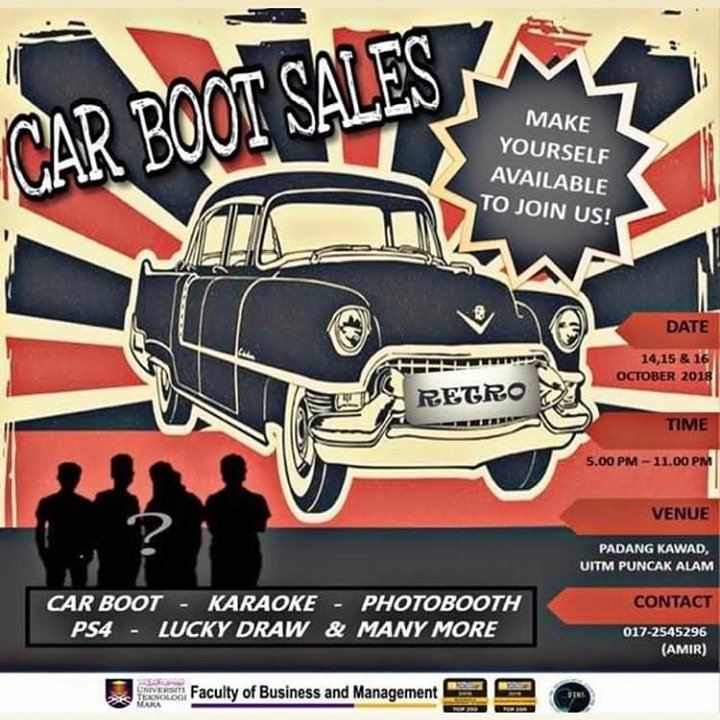 D_ents's tweet photo. CAR BOOT SALES RETRO 💃

Persatuan D’Entrepreneur akan mengadakan event yang akan berlangsung dalam bulan Oktober 2018 ini.🎉🎊 

Maklumat program : 

📆 Tarikh: 14-16 Okt 2018
��� Masa: 5pm-11pm
📌Tempat: Padang Kawad, UiTM Puncak Alam https://t.co/3Z36MPc7XR