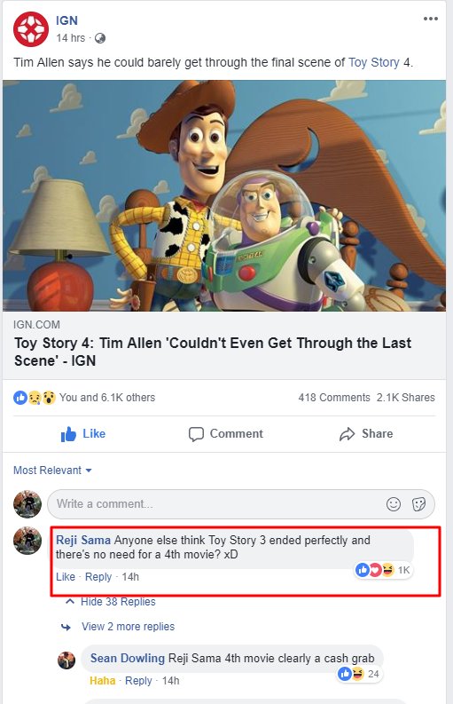 reji_sama's tweet photo. it's my 1st time getting 1k Likes (!!!) for a Facebook comment! hahahha feels so good. 😂😄😁 #feelsgood #goodvibes #kababawan #ToyStory3 #ToyStory4 #IGN #Facebookcomment https://t.co/Iopb5kHgj9