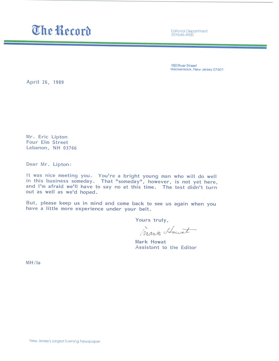 EricLiptonNYT's tweet photo. And for those who apply &amp; don' t get a fellowship-i.e. most people-don't be discouraged. You can't win if you don't try. It took me nearly a decade to get a job at the NYT--and multiple rejections. I got dozens of letters like this from papers big and small. (and still have them) https://t.co/C3uZG1B9nD