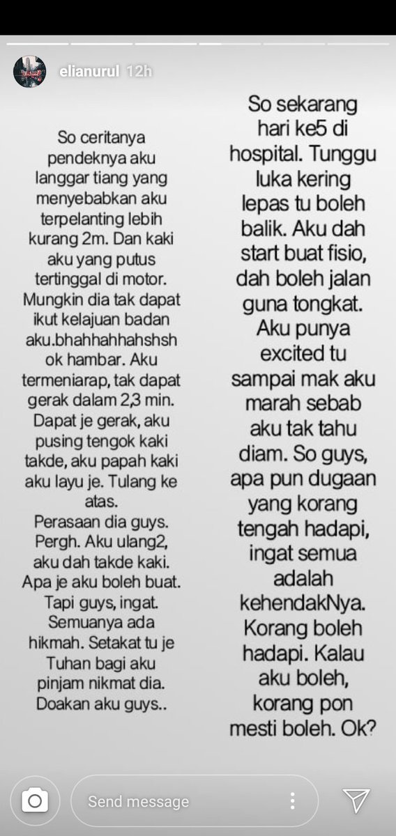 helmiihamid's tweet photo. Pernah jumpa perempuan yang baru lepas kemalangan, terputus kaki tapi sikit pun tak menangis?

Dia punya tenang, redha dan kuat semangat betul-betul buat aku kagum. Luar biasa!

Meet my high school friend, Elia The Super Woman! https://t.co/2NaGu91f8m