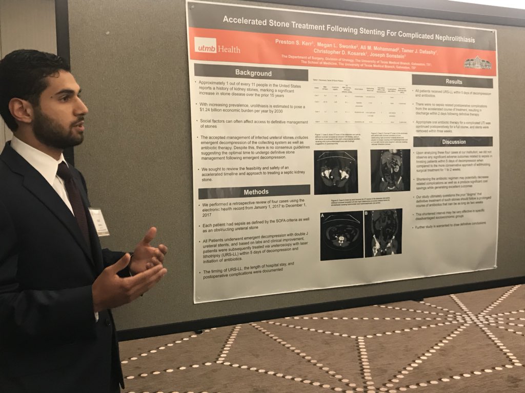 Proud of 3rd year Medical Student Elias Farran presenting his poster at #SCS2018 Retained ureteral stents was hot topic at this years section. Strong work at reviewing a way to ultimately decrease the incidence. <a href="/UTMBUrology/">UTMBUrology</a>