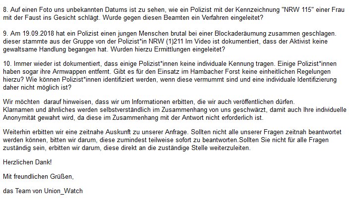 watch_union's tweet photo. Bzgl. des Polizeieinsatzes im #HambacherForst haben wir einige Fragen an die @Polizei_NRW_AC gestellt. 

Wir hoffen, dass diese zeitnah beantwortet werden. /TN #HambiBleibt #Polizei https://t.co/ZqZVEJqf0C