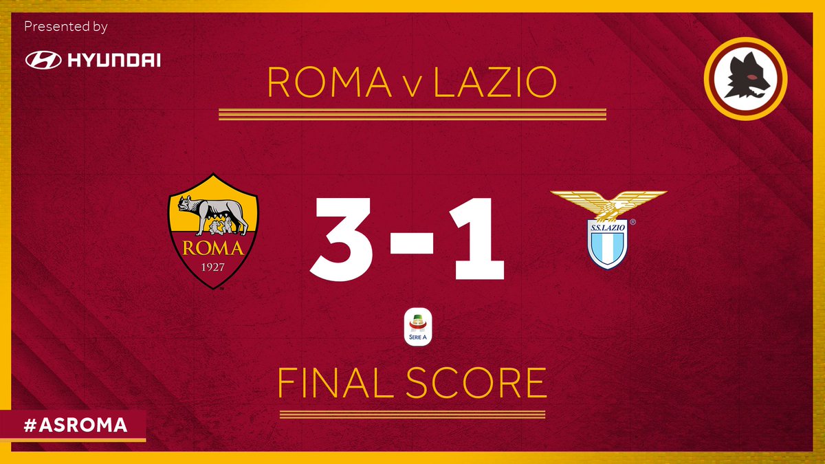 ...TRIPLICE FISCHIO! 

IL DERBY LO VINCIAMO NOI! 💛❤️

DAJE ROMAAAAAAAAAAAAAAAAAAAAAAA! 

#RomaLazio 3⃣-1⃣ 

#ASRoma