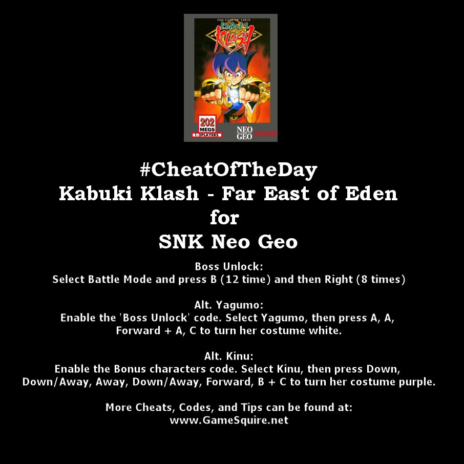 GameSquire's tweet photo. #CheatOfTheDay #KabukiKlashFarEastOfEden #BossUnlock & #Alt #Yagumo & Alt #Kinu #SNKNeoGeo https://t.co/Z7baF0h1MN #Racdym #HudsonSoft #KabukiKlash #FarEastOfEden #SNK #NeoGeo #Gaming #Gamers #Gamer #RetroGaming #RetroGamer #RetroGamers #ClassicGaming #ClassicGamer #ClassicGamers https://t.co/dwJAOZgIHQ