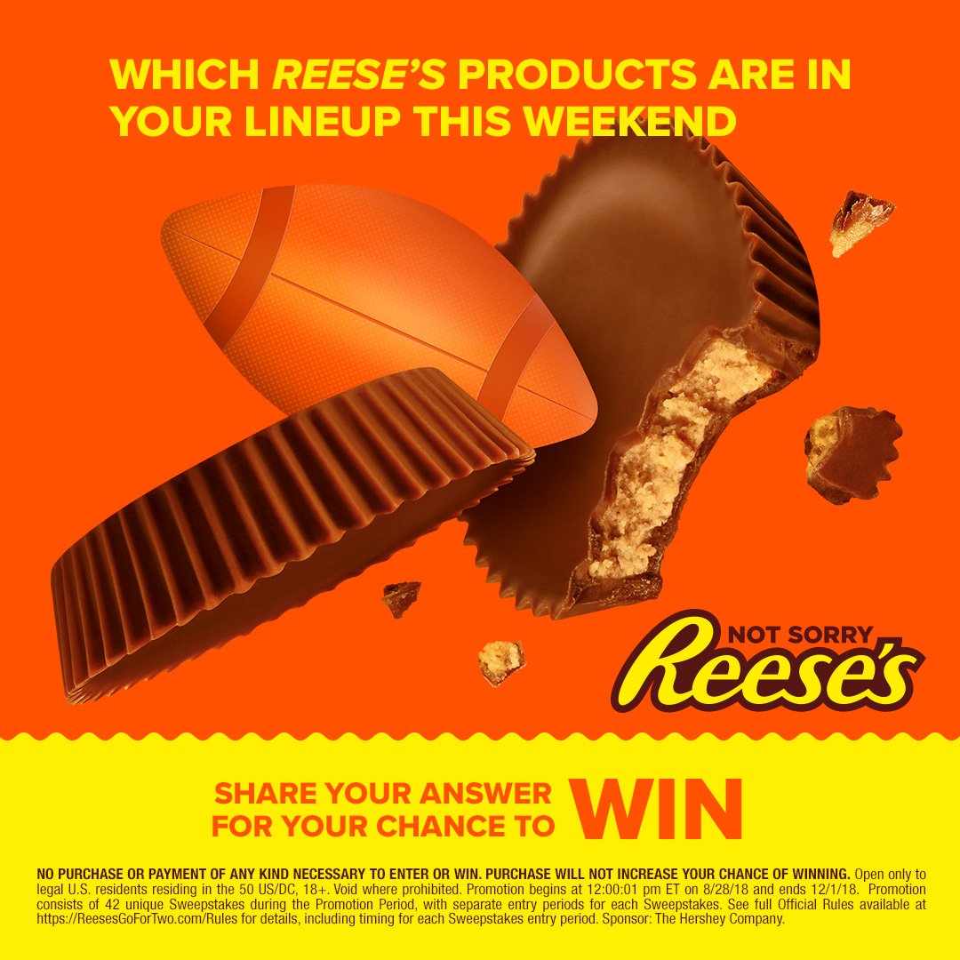 reeses's tweet image. Call the right play for a chance to win a $100 @Amazon Gift Card! Tell us which REESE’S products you’re having today with #NotSorry and #Sweepstakes. NoPurchNec. Rules: bit.ly/2wu6Uny