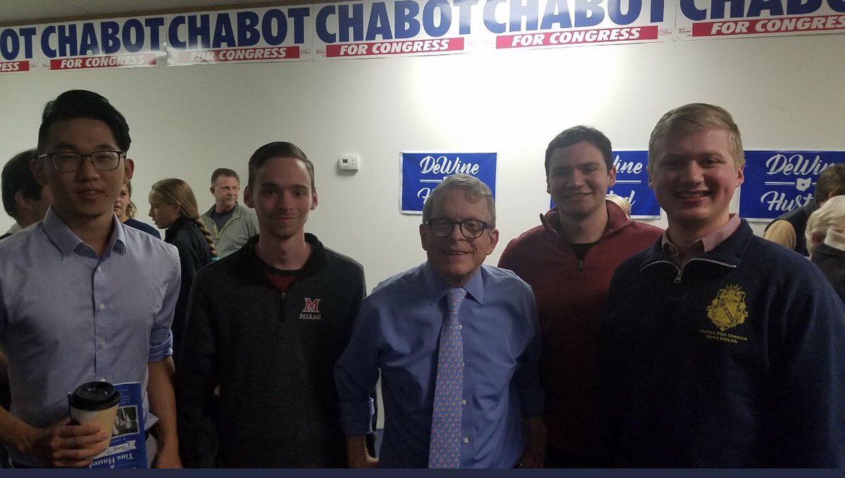 MUforMikeandJon's tweet photo. Miami students have been all over Southwest Ohio this weekend heading to Eaton and Cincinnati to see @MikeDeWine and @JonHusted as well as @SteveChabot! Always a good weekend on the campaign trail! #DHFO2018 https://t.co/K7eNOC42Wz