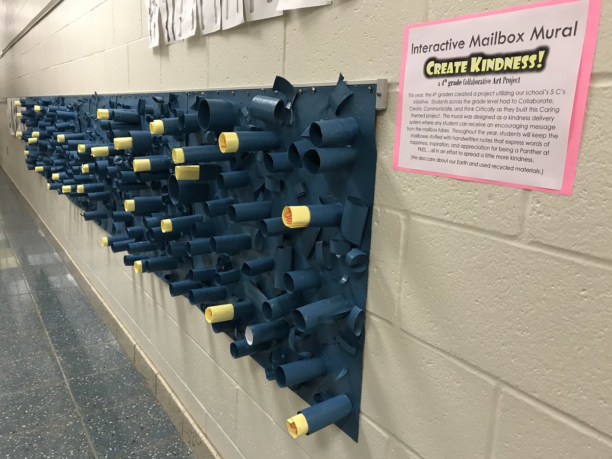 southrnarttchr's tweet photo. 4th grade Collaboration Art Project: Create Kindness (an Interactive Mailbox Mural). Messages of happiness, encouragement, &amp; appreciation for being a Panther at PKES are placed inside the tubes as a “kindness delivery system” for all students. Caring is sharing! #PanthersEngaged https://t.co/FMQKND6FYf
