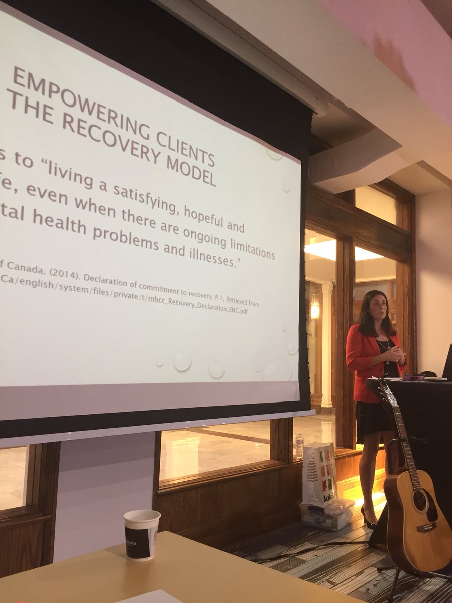 ONmusictherapy's tweet photo. Erin discusses @MHCC_ ‘s extensive 2014 report. Incorporates a human-centered approach to #mentalillness, &amp; lived experiences of #Recovery. “Our role as practitioners is to help persons find their voice and be #empowered through the recovery model.”  #MentalHealth #ONpoli @ONgov https://t.co/o5KbmglbKp