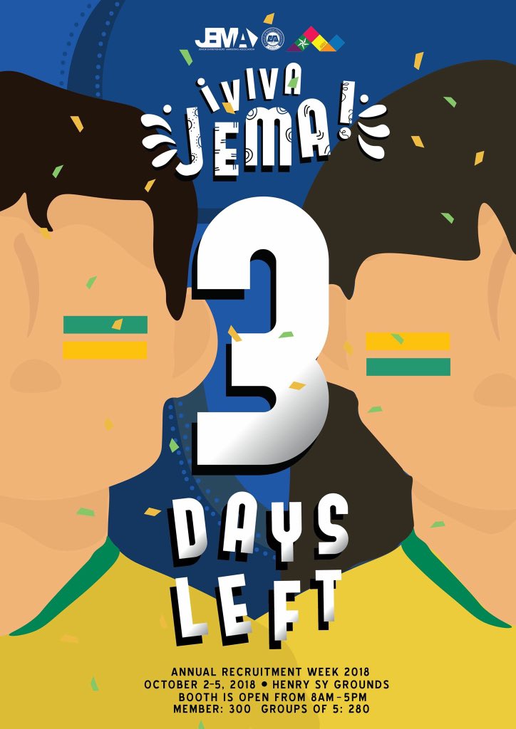 dlsujema's tweet photo. ¡Viva JEMA!

Are you all excited? 3 Days till YOU can be part of our familia!

Like and visit our social media accounts to keep up with the action!

FB Page: https://t.co/Y28Ex9CJCa
Twitter: https://t.co/vSnJfgBrDG

#ItsAJEMAThing #RiseAboveTheRest https://t.co/Gmtv8M10vO