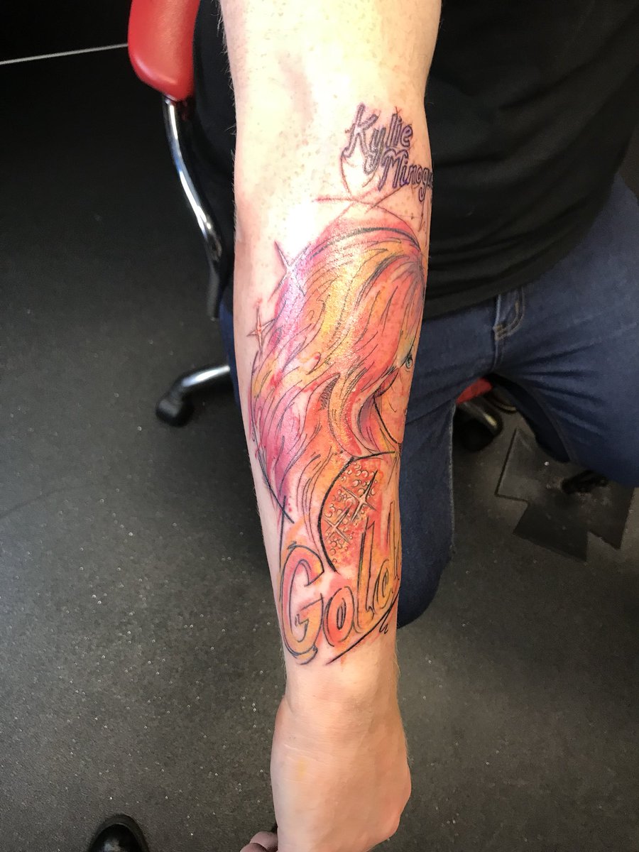 MichaelCoulter3's tweet photo. Love my new Kylie Minogue in Golden Tattoo @kylieminogue  can’t wait for Glasgow tommorow #KylieMinogue #GoldenTour #Glasgow #tattoo #pfgtattoo https://t.co/VNyWb4hrQP