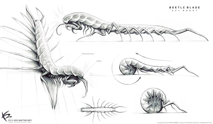 Beetle Blade Design I did for The Maze Runner. Unfortunately they didn't end up in the film, but I had a blast working on them. They appeared in a few scary scenes in the film script. Essentially they are 'observation cameras' which crawl through the maze and attack people. 