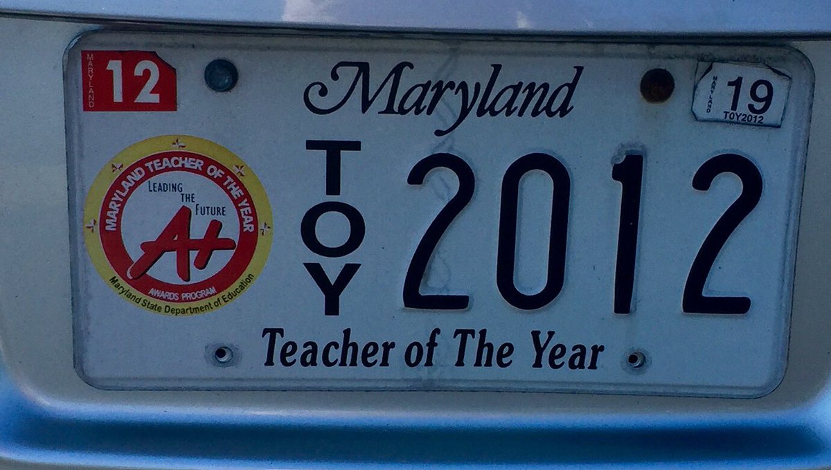 CaraLaitusis's tweet photo. At a #NTOY event today and saw these license plates from former @StateMaryland teachers of the year. Would love to see this for #NJTOY Can we make it happen? @GovMurphy @AndersenNJTOY18 @DrLRepollet @NJ_MVC @NJEA https://t.co/TffmbXlfBn