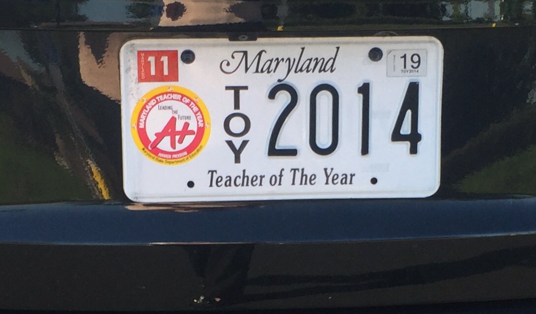CaraLaitusis's tweet photo. At a #NTOY event today and saw these license plates from former @StateMaryland teachers of the year. Would love to see this for #NJTOY Can we make it happen? @GovMurphy @AndersenNJTOY18 @DrLRepollet @NJ_MVC @NJEA https://t.co/TffmbXlfBn