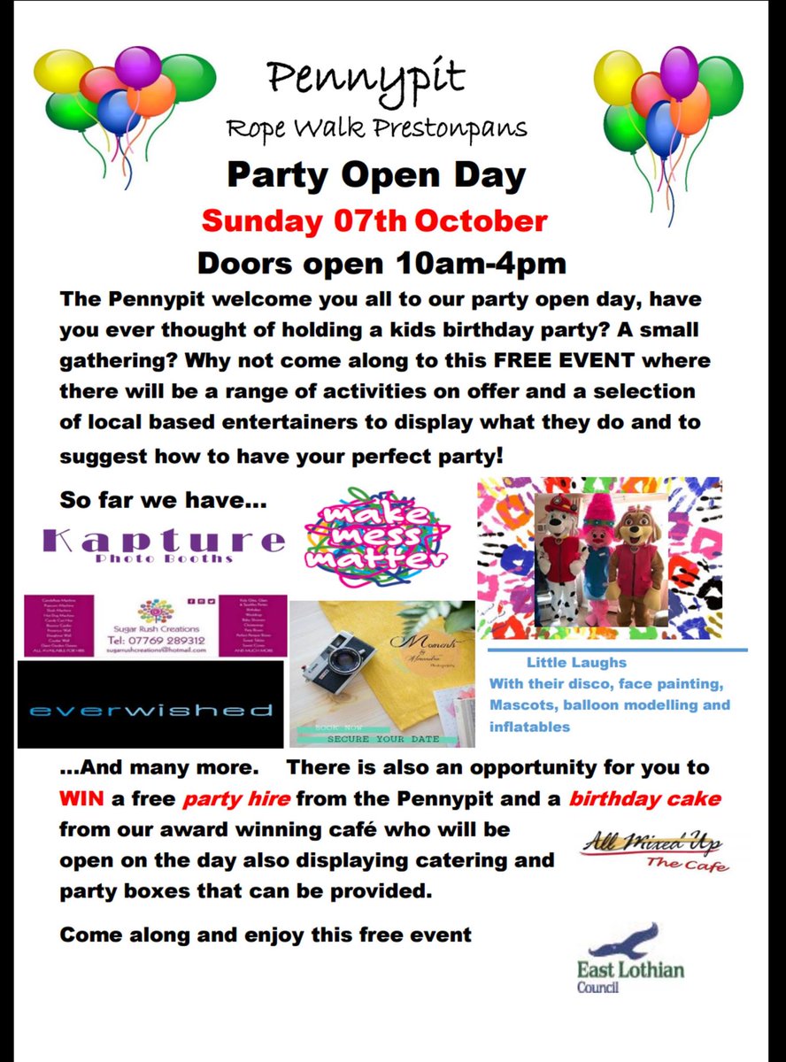 The Pennypit Family and Learning Centre (@pennypitflc) on Twitter photo Looking for somewhere to take the kids on the 7th October? Pop along for a fun packed day. <a href="/LothianLoop/">Lothian Loop - East Lothian - Scotland</a> <a href="/Mixedupbaking/">All Mixed Up</a> <a href="/MakeMessMatter/">Make Mess Matter</a> #prestonpans #charity #partytime Looking for somewhere to take the kids on the 7th October? Pop along for a fun packed day. <a href="/LothianLoop/">Lothian Loop - East Lothian - Scotland</a> <a href="/Mixedupbaking/">All Mixed Up</a> <a href="/MakeMessMatter/">Make Mess Matter</a> #prestonpans #charity #partytime
