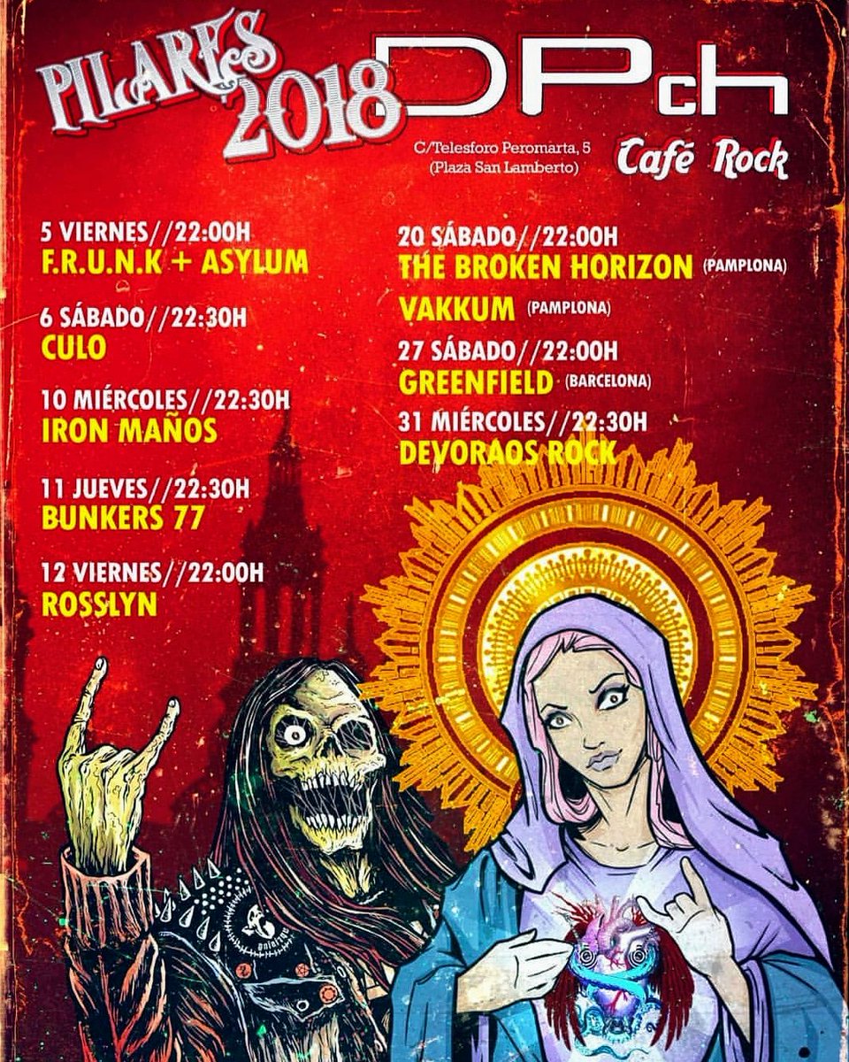 asylum_rock's tweet photo. Os dejamos por aquí el cartel de Octubre (incluyendo las fiestas del Pilar) de la sala @DpchRock No dudéis en pasaros algún día por allí, hay buena gente, buen ambiente, y sobre todo buenas bandas locales que amenizarán la noche
#Rock #Metal #FiestasDelPilar #Pilares2018 #Pilar18 https://t.co/ycRtQmDRtx