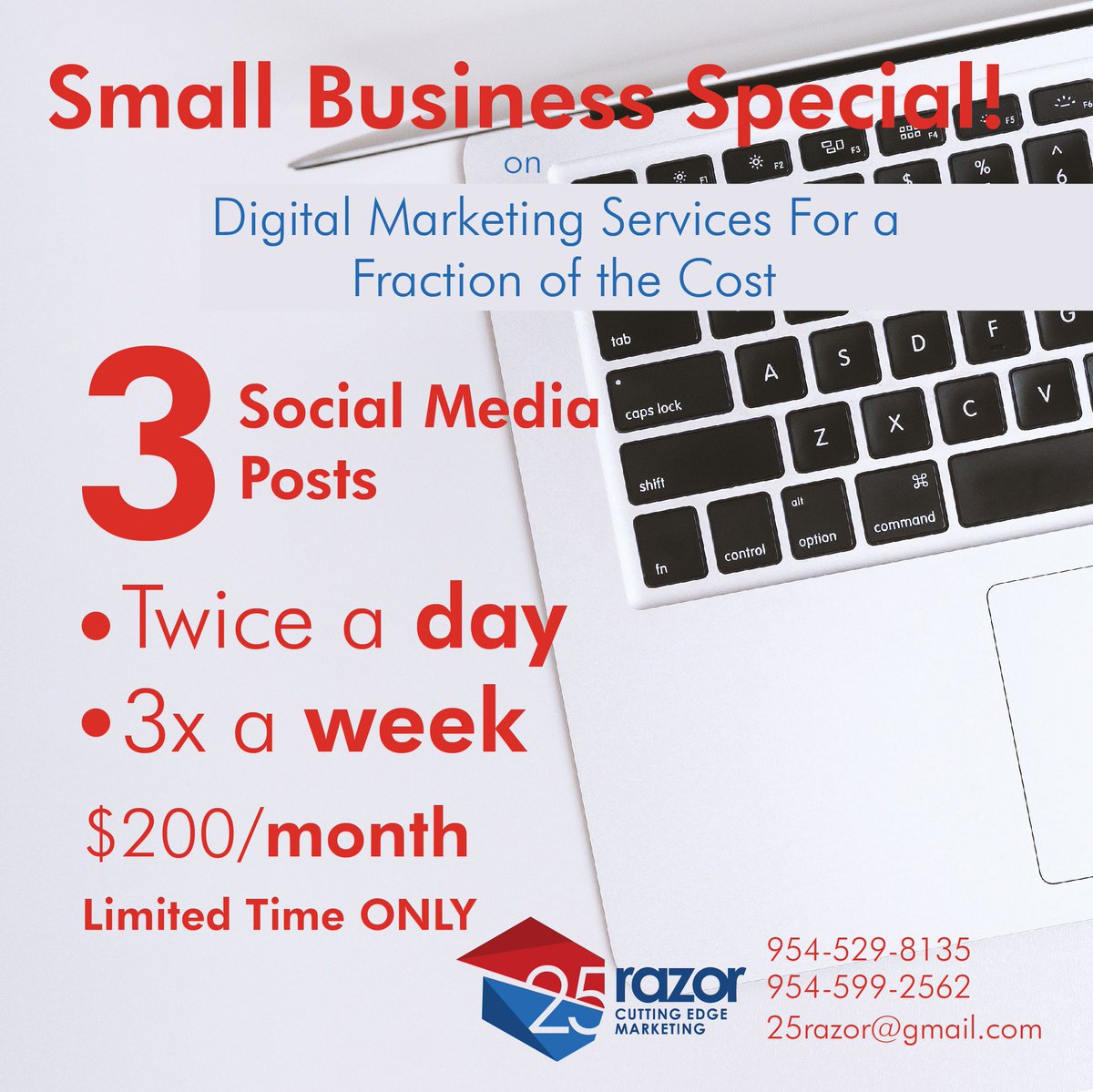 For Limited Time 25razor is offering our Social Media Management growth services for only $200/month!

This is our way of giving back to the business community, if you have social media pages you need managed give us a call today!
#SmallBusiness #Margate #WestPalmBeach #Miami