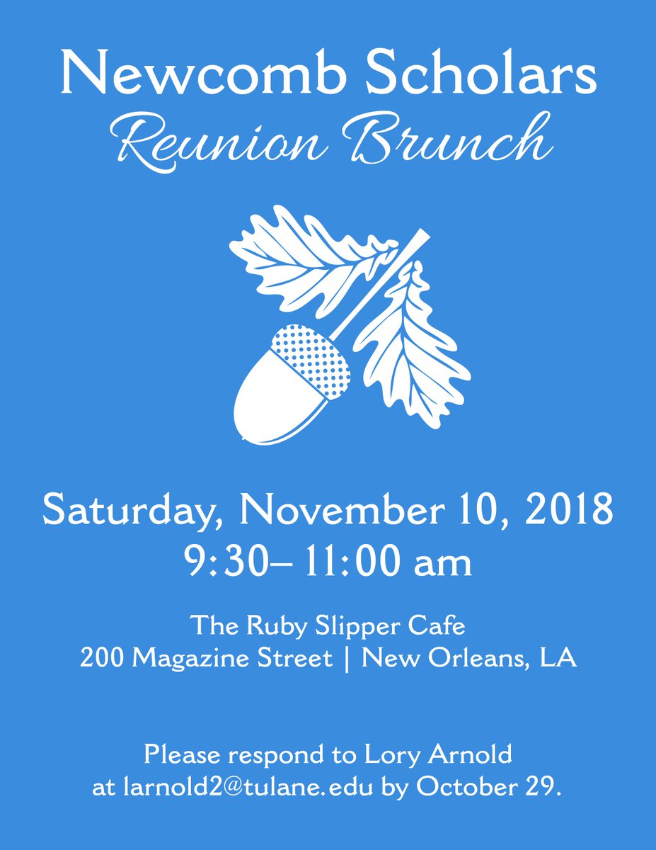 newcombinst's tweet photo. We're inviting all past classes of Newcomb Scholars back to campus for a reunion brunch during homecoming weekend. Mark your calendars! #wave18 https://t.co/RrQIxLobjm