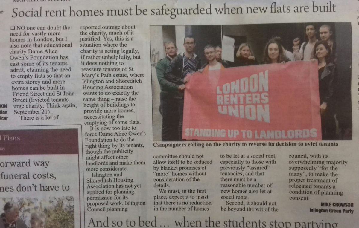 LDNRentersUnion's tweet photo. Nice article in the @islingtongztte: local Green Party calls on Council's planning committee to "not be seduced by blanket promises of more homes", particularly in #FriendSt where residents + LRU have been fighting evictions + @DanielWatneyLLP's proposal for more flats/profits 💷 https://t.co/YCYiD9Paoa