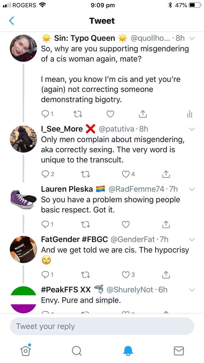 Apparently @patutiva can’t stand being called on those  #TERFgoggles. Did the “DEBATE MEEEEEEE!” flip to pretend at good faith when asked what kind of feminist spends a day calling another women a man. Such a generic way of avoiding the question.