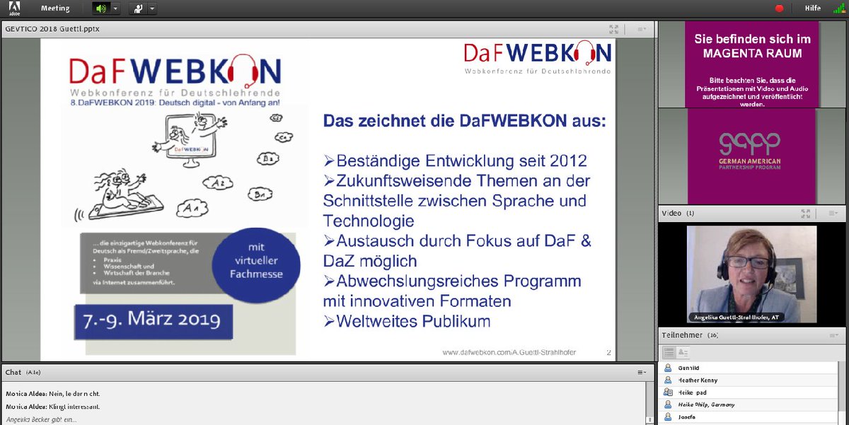 telecoaching's tweet photo. Präsentation der Webkonferenz für Deutschlehrer #DaFWEBKON mit Angelika Güttl-Strahlhofer bei der Onlinekonferenz des #goethe Institutes #getvico jetzt live im Adoberaum https://t.co/tqTCJolKS9 https://t.co/liaKMIF8CK