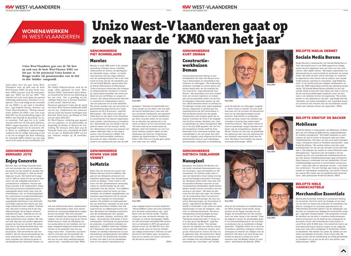 mjdegroote's tweet photo. Fijn artikel in @kweeet over genomineerden in #WestVlaanderen voor #KMOvanhetjaar2018 @UNIZOwvl Proficiat #Marelec #ConstructiewerkhuizenDeman #EnjoyConcrete #beMatrix #Nanopixel en beloftes #SocialeMediaBureau #Mobilease #MerchandiseEssentals.
🔝❤️ #innovatie #ambitie #focus https://t.co/lKDUaMdAg6