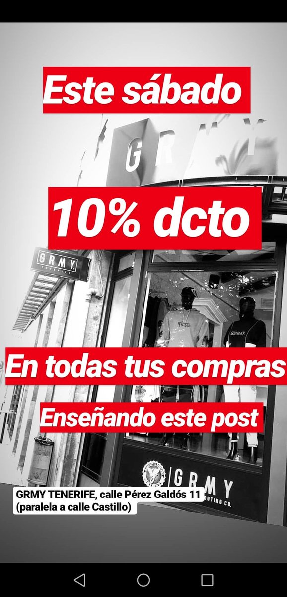 GRIMEY_CANARIAS's tweet photo. PROMOCIÓN: HOY SÁBADO 10% DCTO EN GRMY STORE TENERIFE ENSEÑANDO ESTE TWEET.
Nos vemos en Santa Cruz calle Pérez Galdós 11 (paralela a calle Castillo) 
#GRIMEYSTORETENERIFE https://t.co/wQO2et1YE7
