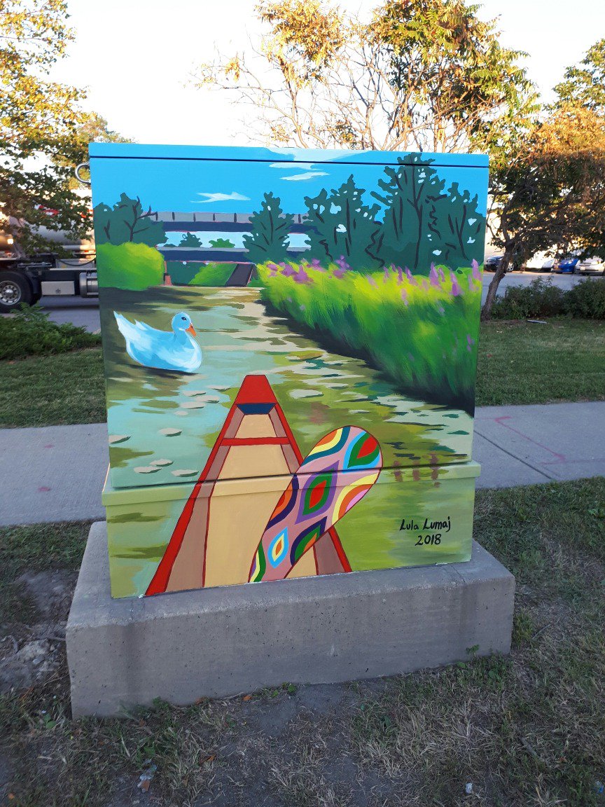CavanaughTO's tweet photo. Lula Lumaj's new #bellboxmural on on Arrow Rd in #YorkWest #ward7 Produced in partnership with @StART_Toronto #utilityboxmurals #streetart #torontomurals https://t.co/rNNRs5hbbP